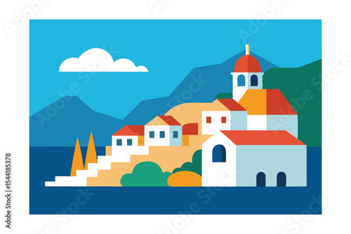 Mediterranean Coastal Village Scenic Illustration of Houses, Churches, and Sea