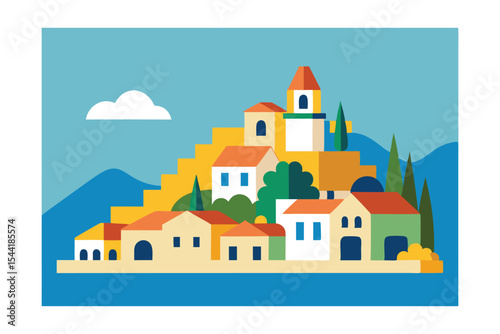 Mediterranean Coastal Village Hillside Houses and Azure Waters