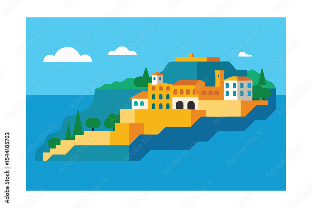 Fototapeta premium Mediterranean Coastal Village A Vibrant Illustration of Island Life