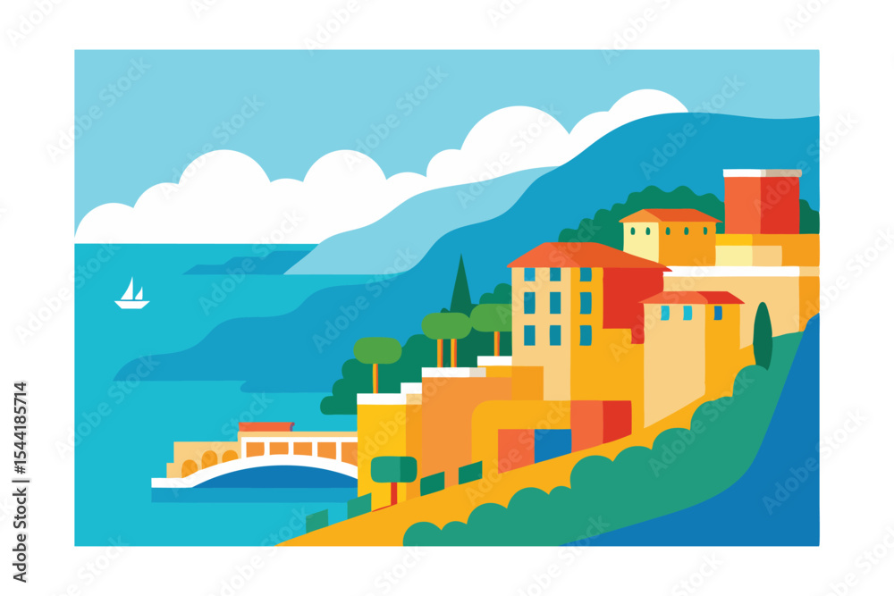 Fototapeta premium Coastal Town Landscape Vibrant Mediterranean Village by the Sea