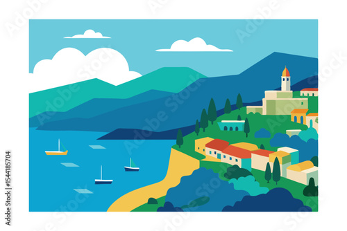 Coastal Town Illustration Mediterranean Seascape with Boats and Buildings