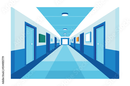 Modern School Corridor Interior Design Blue Walls, Light and Doors