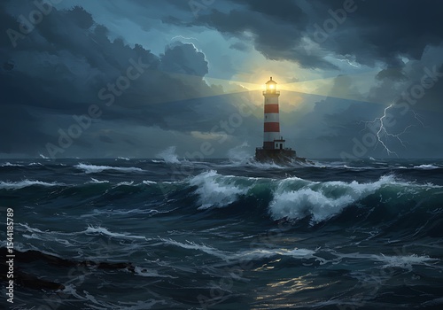 A dramatic seascape featuring a lighthouse standing strong amid crashing waves and dark storm clouds, radiating light as a beacon of hope and safety during turbulent weather.

 photo