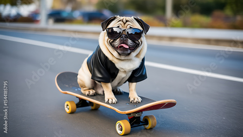 Pug with sunglasses and jacket riding a skateboard on a road outdoors cool