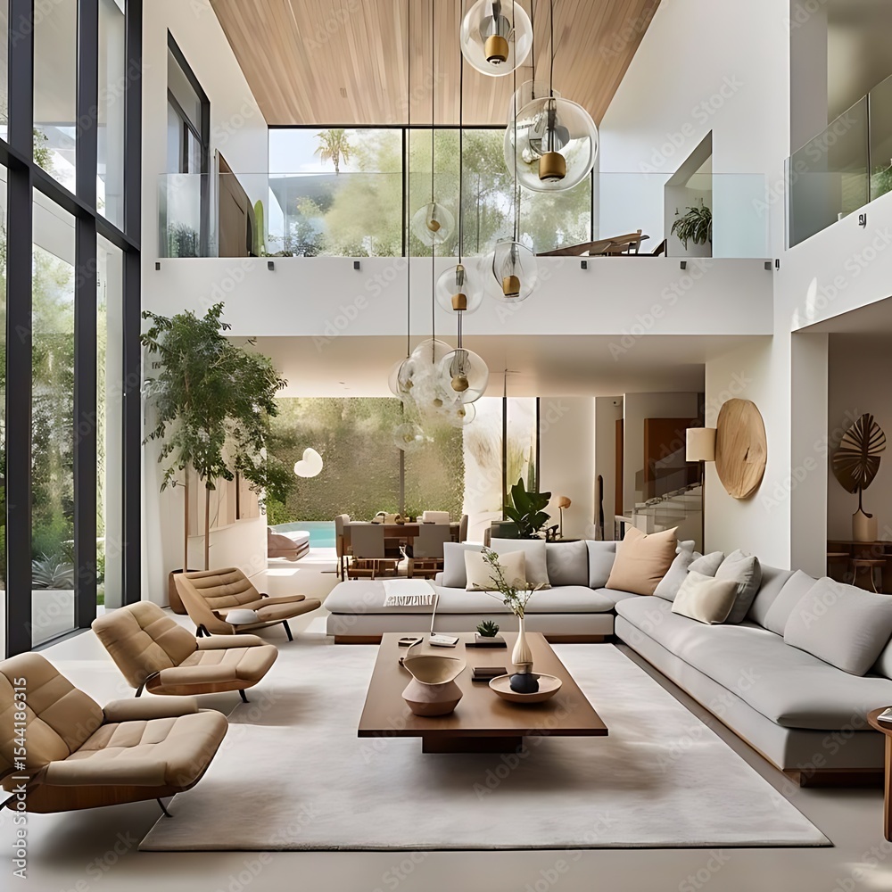 Fototapeta premium A collection of eight modern tropical living room interiors featuring open spaces, abundant natural lighting, lush indoor plants, and minimalist luxury decor. 