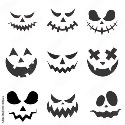 Set of Spooky Halloween Pumpkin Carving Faces and Jack-o'-Lantern Expressions