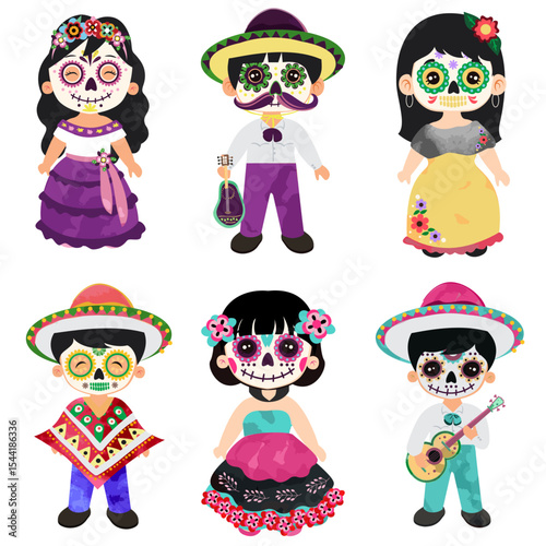 Cute Cartoon Children in Day of the Dead Sugar Skull Makeup