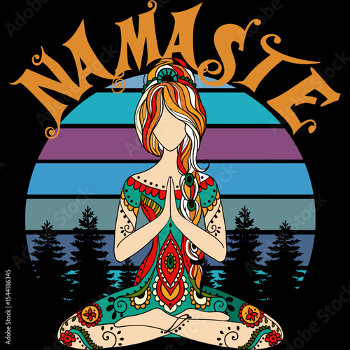 Woman Meditating in Lotus Pose with Namaste Text and Sunset Landscape