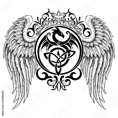 Dragon and Celtic Knot with Detailed Angel Wings Tattoo Design