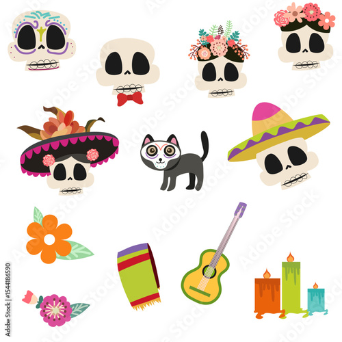 Cute Day of the Dead Sugar Skulls and Mexican Cultural Elements Set