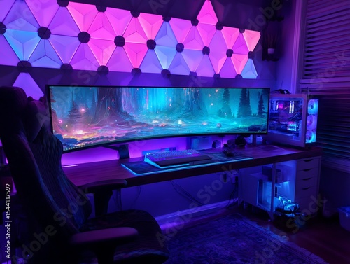uxury Desk Space: Interior Background with RGB Gaming PC