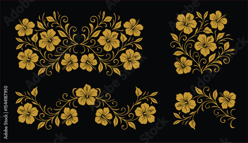 Vintage hibiscus corner element seamless pattern with golden botanical line art, suitable for fashion design, decoration, fabric, wallpaper, and printing on soft beige background