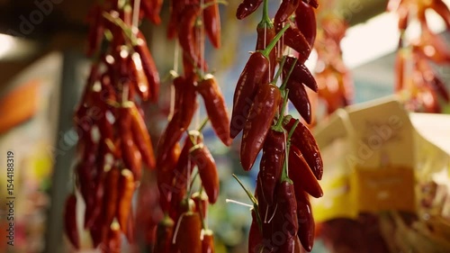 Strings of red hot chili peppers hanging and drying in an italian market in Tropea