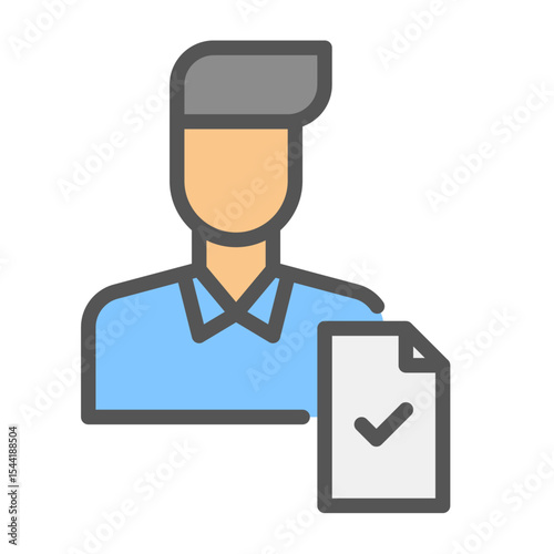 Male employee completed task filled outline icon. Task completed color line illustration.