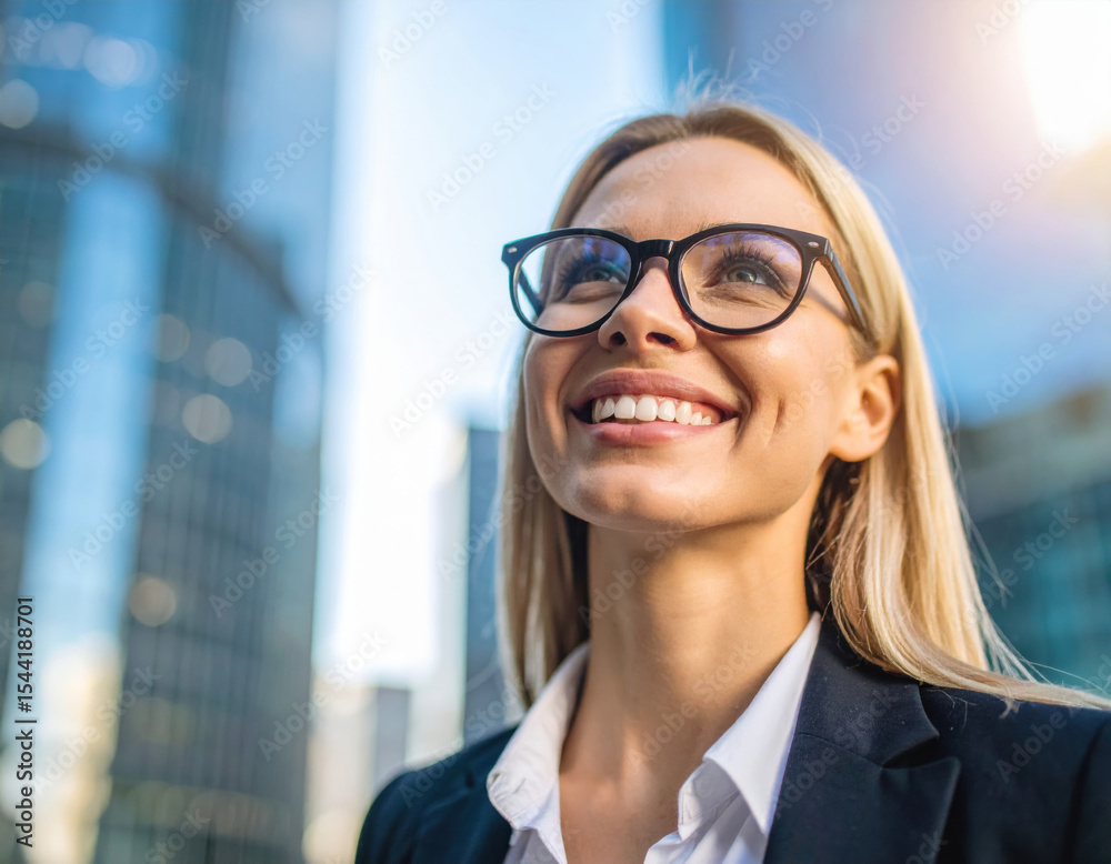 Young businesswoman with glasses smiles confidently, her eyes sparkling with ambition and triumph as she gazes upward against backdrop of modern skyscrapers Young businesswoman with glasses smiles confidently, her eyes sparkling with ambition and triumph as she gazes upward against backdrop of modern skyscrapers