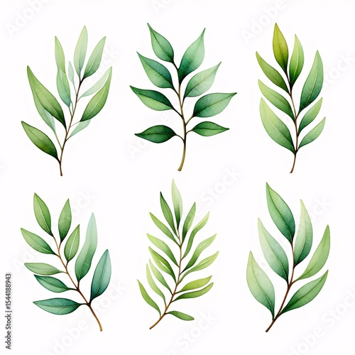Green Leafy Sprigs: Beautiful Hand-drawn Watercolor Illustrations for Natural and Organic Themes.