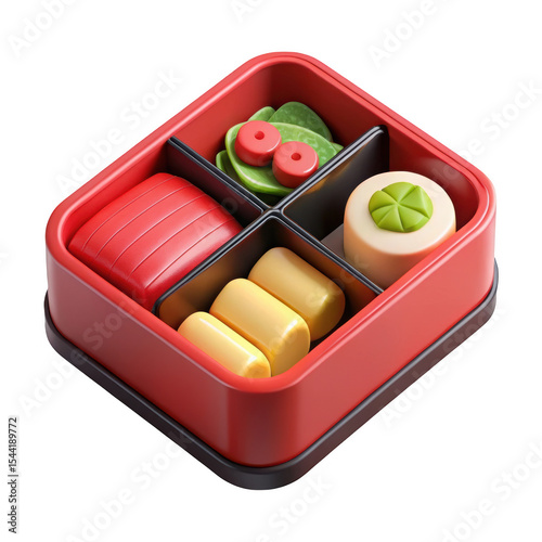 Red bento box with assorted foods