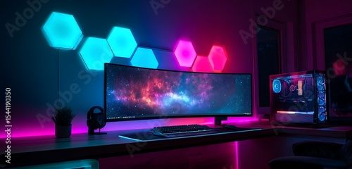 uxury Desk Space: Interior Background with RGB Gaming PC
