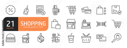 Set of line icons related to shopping, retail, barcode scanner, payment and more. Outline icons collection. Editable stroke. Vector illustration.