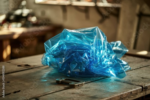 A photograph of a crumpled pile of vibrant, translucent blue plastic sheeting arranged artfully on a weathered wooden table