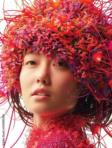 Asian model posing with extravagant red floral headwear on white background