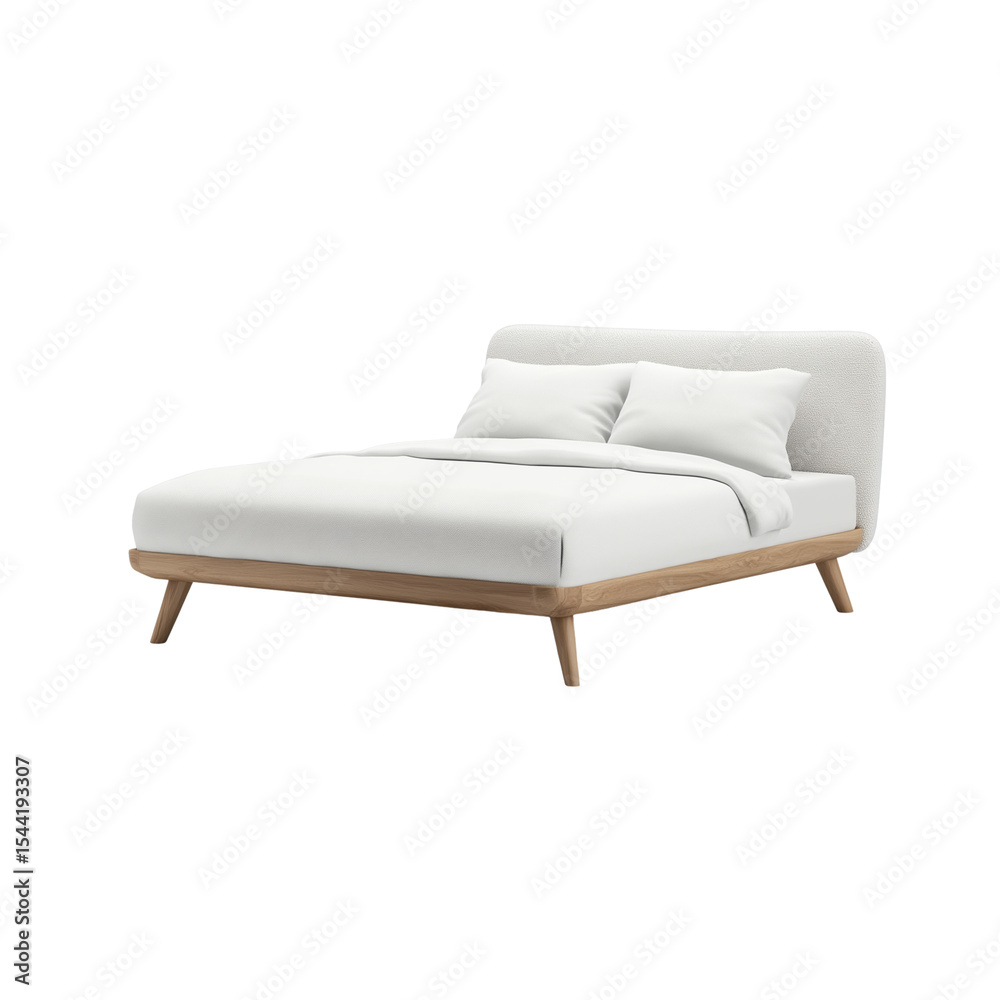 Obraz premium Modern white bed with fabric upholstery and wooden legs in a realistic 3D render