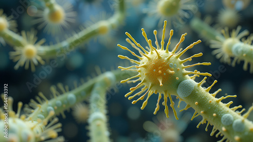 An abstract 3D representation of a quorum sensing process in bacteria
