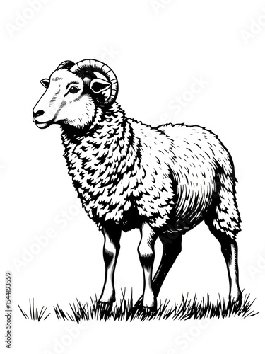 Sheep, lamb. Vintage retro print, black white sheep lamb sketch ink pencil style drawing, engrave old school. Sketch artwork silhouette farm sheep lamb. Side view profile. Illustration
