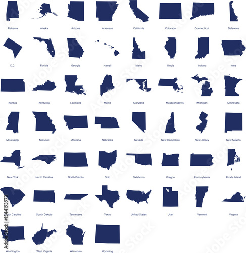 Silhouettes of all U.S. states arranged in a grid. High-quality vector illustration showing the shape outlines of each American state, ideal for educational, infographic, or design use.