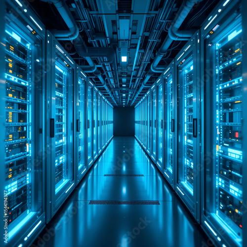 futuristic data center rows servers liquid cooling system computing security hardware space