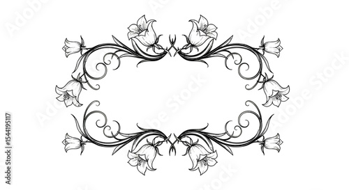 Floral Frame Design: Elegant black and white illustration of a floral frame with bell flowers and ornate swirls, perfect for adding a touch of vintage charm to your designs. 