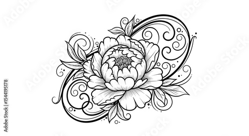Floral Elegance: A stunning monochrome illustration of a blooming peony flower, adorned with intricate details and elegant, flowing embellishments, set against a clean background.