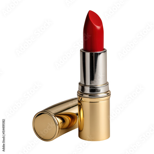 Classic red lipstick in gold case isolated on transparent background