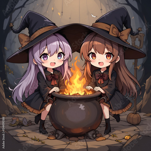 Two witchy girls smiling beside a flaming cauldron, with the phrase 