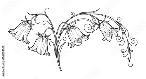 Floral Elegance: Delicate bell-shaped flowers bloom with intricate details, showcasing graceful curves and a timeless aesthetic in a photorealistic depiction.