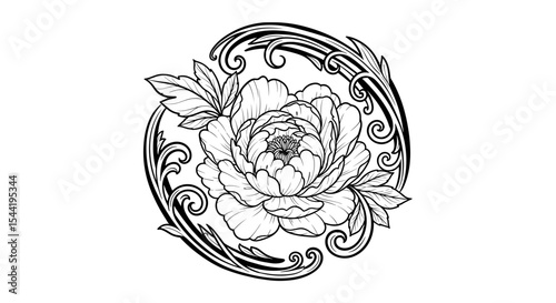 Elegant Peony in Ornate Frame: A close-up, black and white illustration of a beautiful peony flower, delicately framed by intricate ornamental swirls and leaves, creating a classic, timeless design.