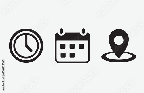 Clock, calender, map 3 in one vector icon