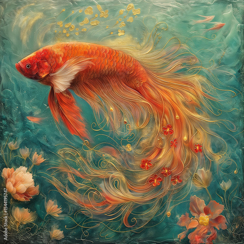 Golden Flow: An Artistic Depiction of an Orange Fish with Long, Flowing Fins and Floral Accents.