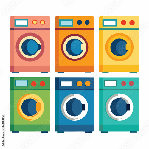 Six washing machine set isolated on white background