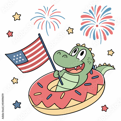 Charming SVG of a Happy Alligator featuring inside a donut float, styled in a Independence Day (4th of July) theme with Patriotic Spark hues