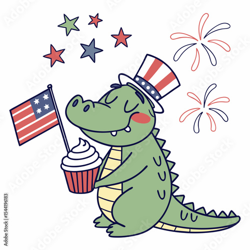 An adorable Alligator with a Sleepy vibe, holding a cupcake, and a Patriotic Spark Independence Day (4th of July) theme – SVG style