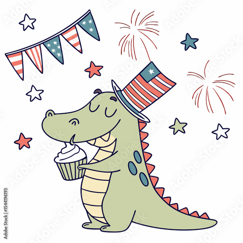 An adorable Alligator with a Sleepy vibe, holding a cupcake, and a Patriotic Spark Independence Day (4th of July) theme – SVG style