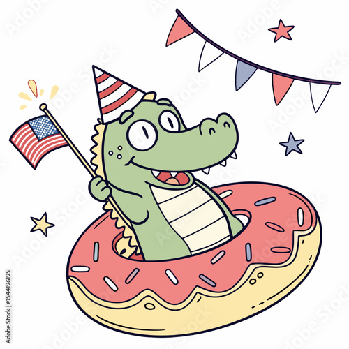 Charming SVG of a Happy Alligator featuring inside a donut float, styled in a Independence Day (4th of July) theme with Patriotic Spark hues