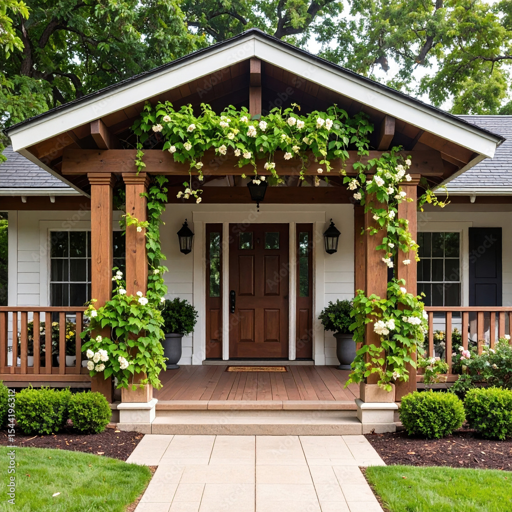 Charming entry arbor adorned with lush green vines and white flowers creates welcoming atmosphere for this beautiful home. inviting porch features wooden beams and potted plants, enhancing overall Charming entry arbor adorned with lush green vines and white flowers creates welcoming atmosphere for this beautiful home. inviting porch features wooden beams and potted plants, enhancing overall