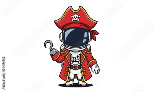 Cartoon Astronaut Pirate Adventure character transformed into a pirate, complete with a red coat, hat, and hook hand, ready for a space-faring swashbuckling adventure.