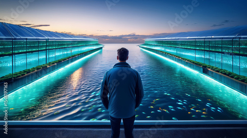 Dynamic: Person Overlooking Futuristic Ocean Aquaculture Farm
