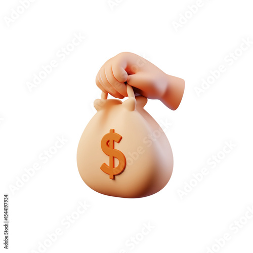 3D illustration of a money bag in hand symbolizing wealth and finance

