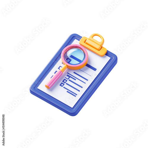 3D icon of a clipboard with a checklist and a magnifying glass

