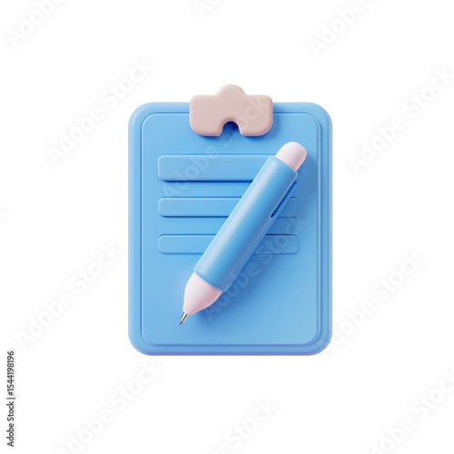3D icon of a blue document with a pen on a white background

