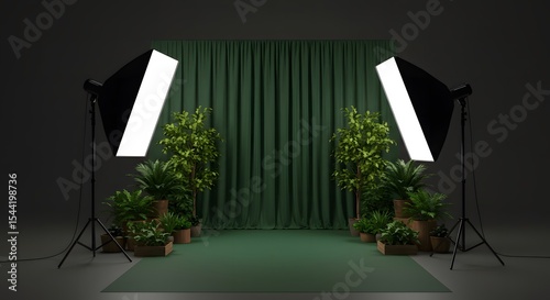 Photoshoot room background with green backdrop, nature decoration and Photography Tools Set, made by Ai
